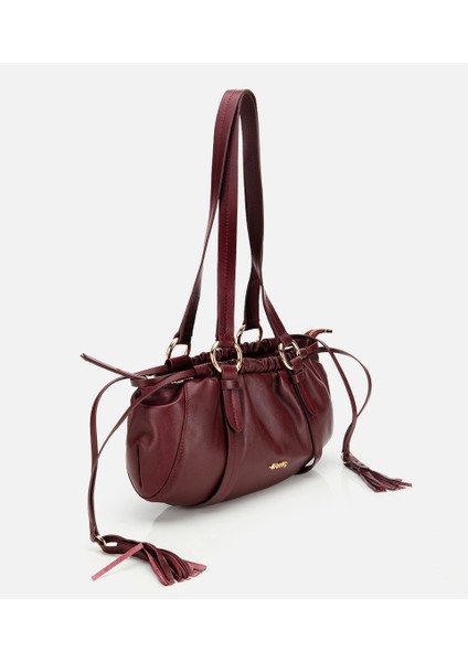 03CAH316710A780 KADIN Deri Bordo Yumuşak Dokulu Bowling Omuz Çantası modelleri