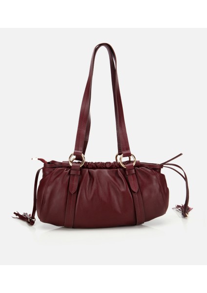 03CAH316710A780 KADIN Deri Bordo Yumuşak Dokulu Bowling Omuz Çantası