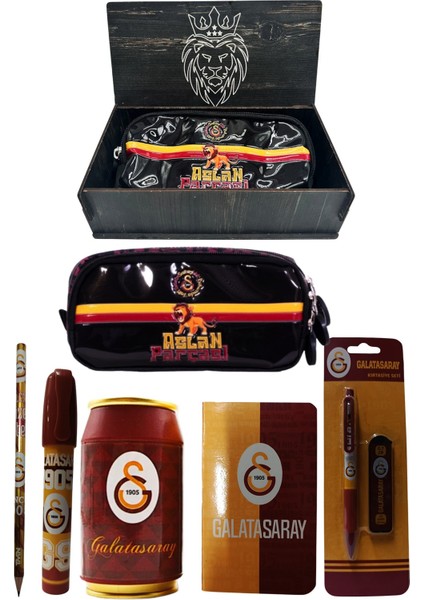 Galatasaray Orjinal Lisanslı Kırmızı Kutu Kalemtraş Ahşap Kutulu 6'lı Kırtasiye Seti