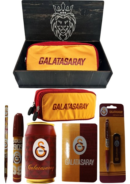Galatasaray Orjinal Lisanslı Kırmızı Kutu Kalemtraş Ahşap Kutulu 6'lı Kırtasiye Seti