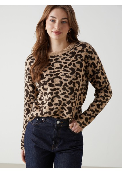 Yeni Sezon Bisiklet Yaka Leopar Desenli Kadın Triko Kazak