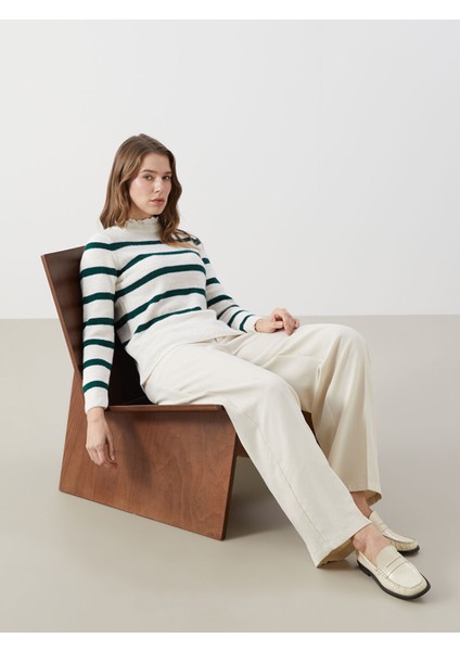 Yeni Sezon Dik Yaka Çizgili Kadın Triko Kazak