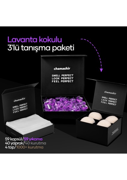 3'lü Tanışma Paketi - Kapsül Çamaşır Deterjanı Lavanta Kokulu - Kurutma Mendili - Yün Kurutma Topu