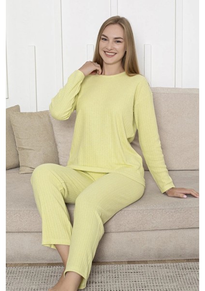 Pamuklu Kalın Kışlık Interlok Şeritli Uzun Kollu Örme Pijama Takımı