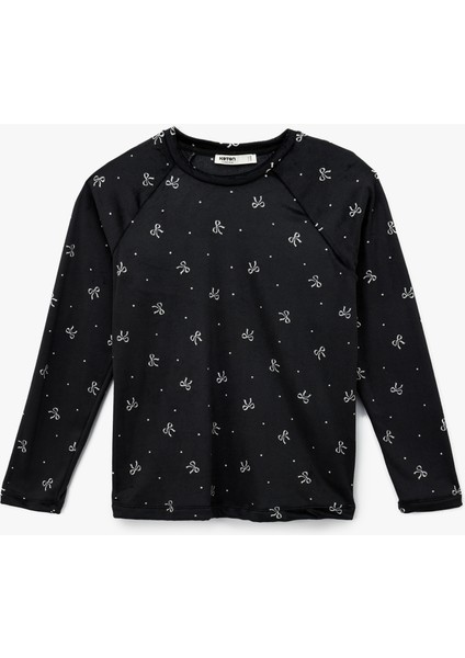 Uzun Kollu Bisiklet Yaka Fiyonk Desenli Kadife Pijama Üstü