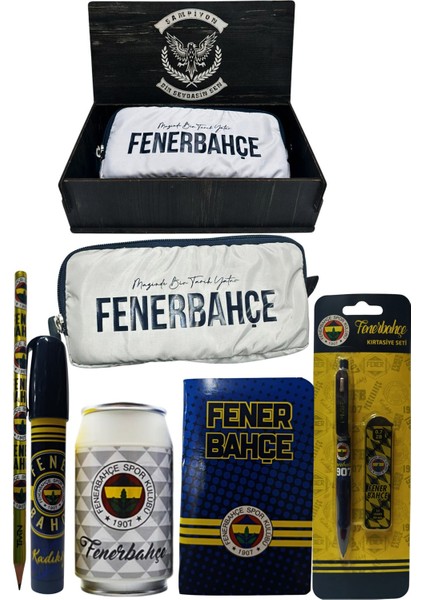 Fenerbahçe Orjinal Lisanslı Beyaz Kutu Kalemtraş Ahşap Kutulu 6'lı Kırtasiye Seti
