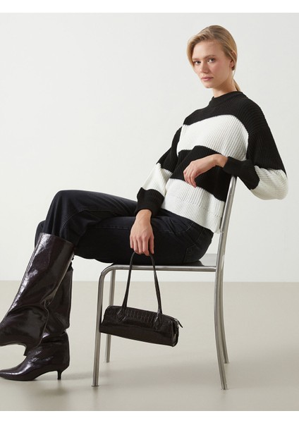 Yeni Sezon Bisiklet Yaka Renk Bloklu Oversize Kadın Triko Kazak