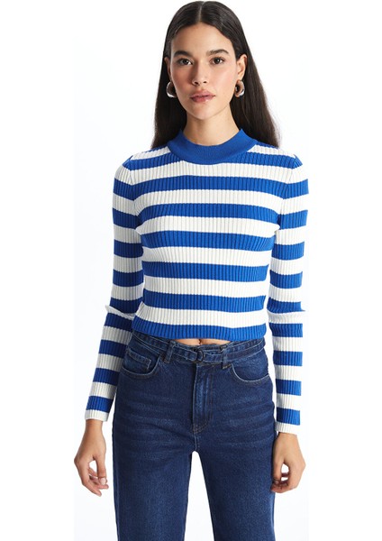 Yeni Sezon Bisiklet Yaka Renk Bloklu Uzun Kollu Kadın Triko Kazak