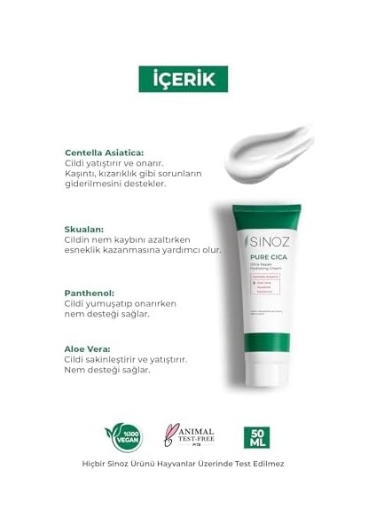 Sinoz Pure Cica Yoğun Onarıcı Yatıştırıcı Nemlendirici Bakım Kremi 50 ml Tahriş Olmuş Hasarlı Ciltler Için fiyatları