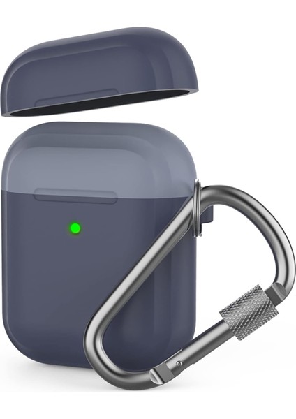 Airpods 1-2 Nesil Uyumlu Silikon Kılıf – Mat Yumuşak Dokulu, Darbe Emici, Kemer Klipsli Karabina, Kablosuz Şarj Destekli, Yedek Üst Kapak Hediyeli, Toz Geçirmez Koruyucu Kılıf Laciver Mavi