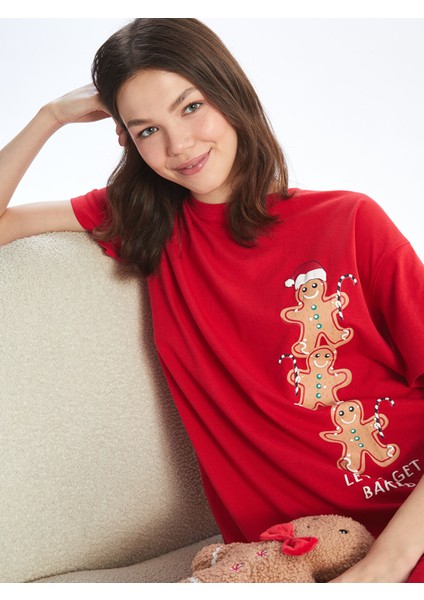 Yeni Sezon Bisiklet Yaka Yılbaşı Temalı Kadın Gecelik