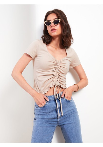 Yeni Sezon V Yaka Düz Kısa Kollu Pamuklu Kadın Tişört