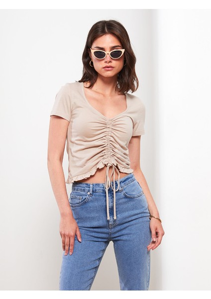 Yeni Sezon V Yaka Düz Kısa Kollu Pamuklu Kadın Tişört fiyatları