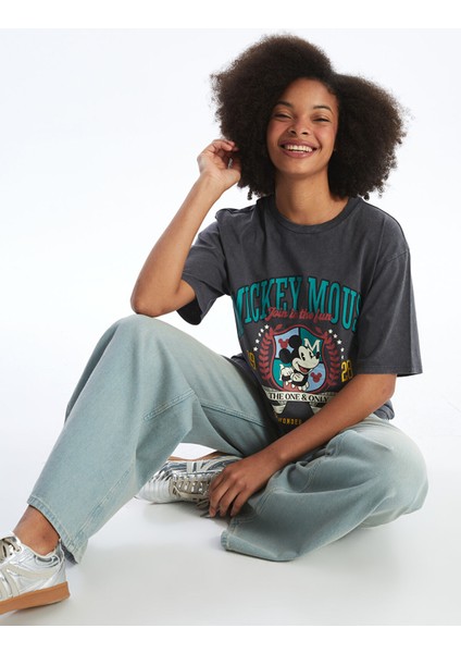 Yeni Sezon Bisiklet Yaka Mickey Mouse Baskılı Kısa Kollu Kadın Tişört