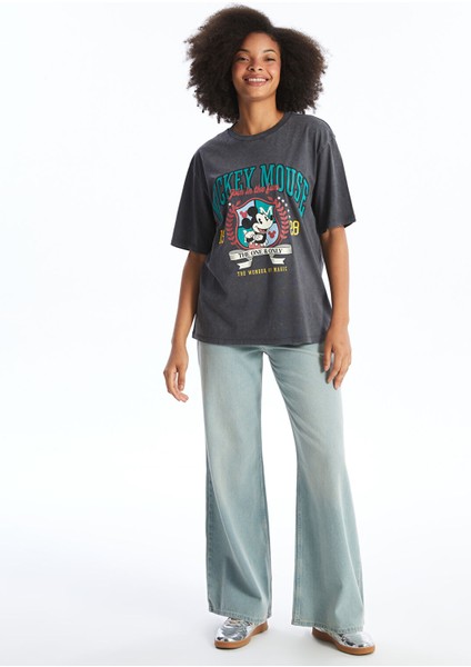 Yeni Sezon Bisiklet Yaka Mickey Mouse Baskılı Kısa Kollu Kadın Tişört fiyatları