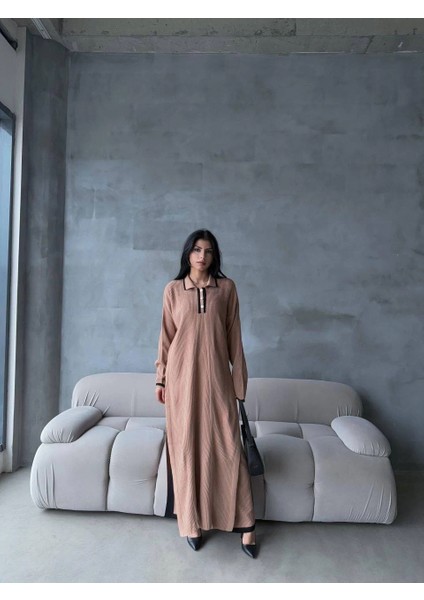 Pantolon Yırtmaçlı Elbise Ikili Triko Takım Vizon Elf