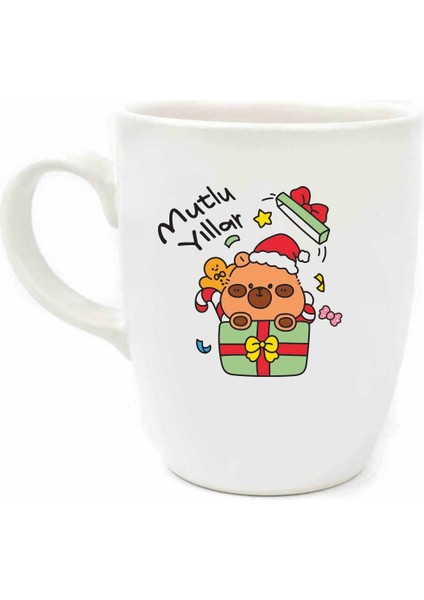 Mutlu Yıllar Minik Ayıcık Krem Oval Kupa No:19-Yılbaşı Temalı Kupa