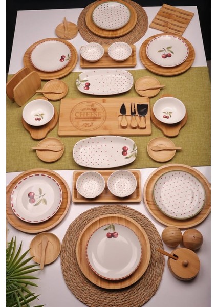 Shine 6 Kişilik 47 Parça Doğal Bambu Porselen Kahvaltı Takımı – Kahvaltı Seti Sunum Seti