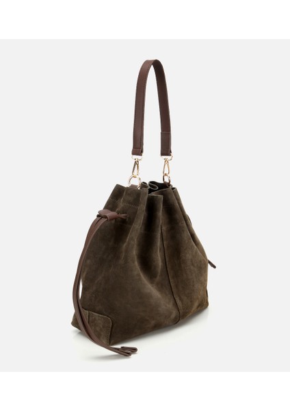 03CAH316270A880 KADIN Süet Deri Haki Bucket Omuz Çantası fırsatları