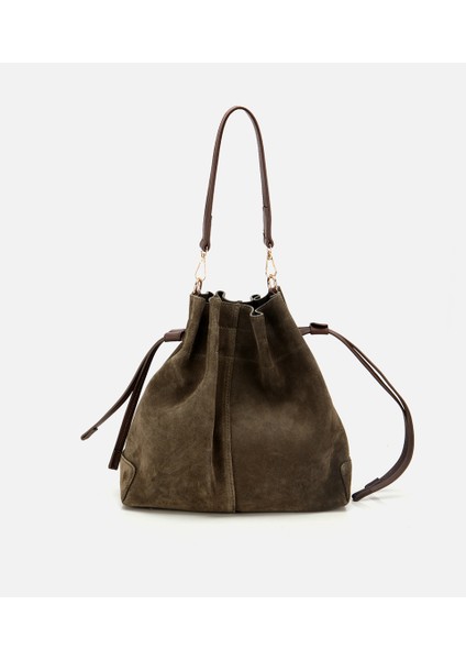 03CAH316270A880 KADIN Süet Deri Haki Bucket Omuz Çantası