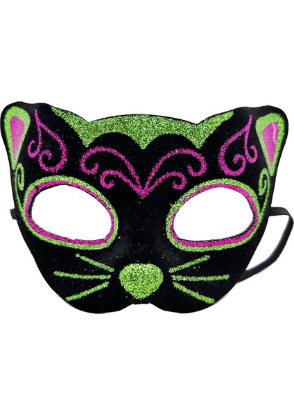 Siyah Kadife Kaplama Üzeri Pembe Yeşil Sim Işlemeli Kedi Maskesi 20X13 cm fiyatları