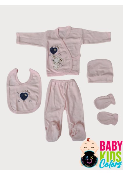 Fitilli Kumaşa Kalpli Tavşan Baskılı Poşette 5'li Set