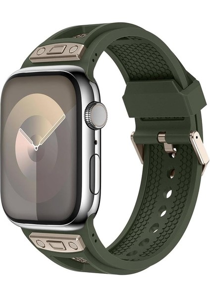 Ile Uyumlu 42MM KRD-117 Hava Alabilen Delikli Metal Süslemeli Desenli Silikon Kordon Titanyum-Yeşil