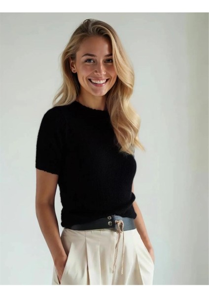 Kadın Bisiklet Yaka Yumuşak Dokulu Kısa Kollu Şardonlu Yünlü Triko Kazak