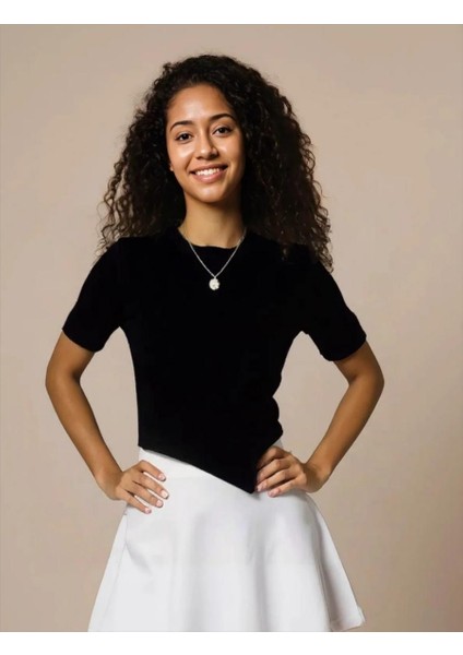 Kadın Bisiklet Yaka Yumuşak Dokulu Kısa Kollu Şardonlu Yünlü Triko Kazak modelleri