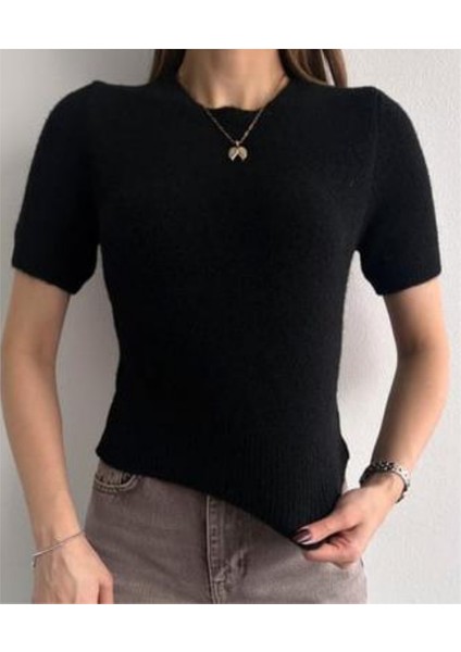 Kadın Bisiklet Yaka Yumuşak Dokulu Kısa Kollu Şardonlu Yünlü Triko Kazak fırsatları