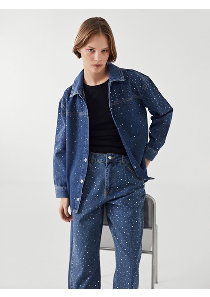 Yeni Sezon Gömlek Yaka Parlak Taşlı Oversize Kadın Jean Ceket