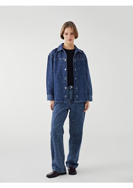 Yeni Sezon Gömlek Yaka Parlak Taşlı Oversize Kadın Jean Ceket fiyatları