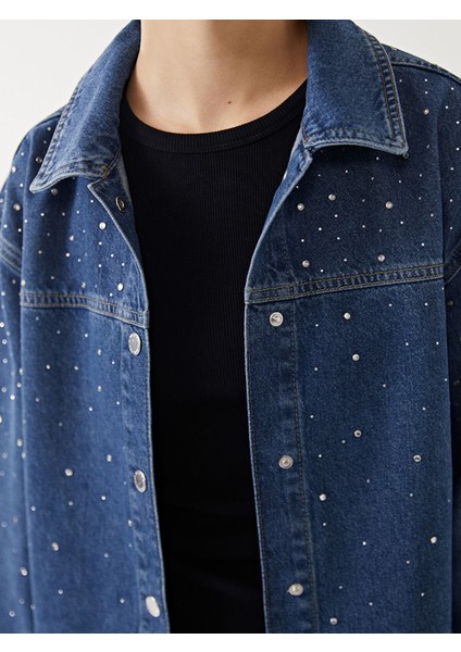 Yeni Sezon Gömlek Yaka Parlak Taşlı Oversize Kadın Jean Ceket modelleri