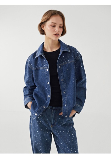 Yeni Sezon Gömlek Yaka Parlak Taşlı Oversize Kadın Jean Ceket fırsatları