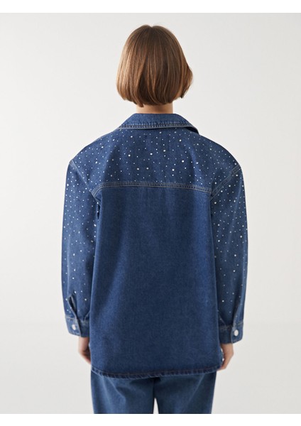 Yeni Sezon Gömlek Yaka Parlak Taşlı Oversize Kadın Jean Ceket indirimleri