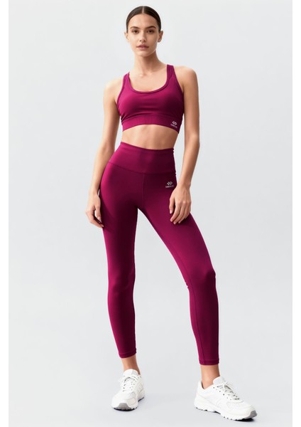 Bordo Yüksek Bel Toparlayıcı Çapraz Sırt Detaylı Slim Fit Kadın Tayt Takım - 95283