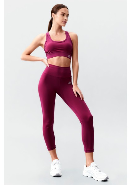 Bordo Yüksek Bel Toparlayıcı Çapraz Sırt Detaylı Slim Fit Kadın Tayt Takım - 95283