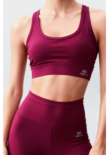 Bordo Yüksek Bel Toparlayıcı Çapraz Sırt Detaylı Slim Fit Kadın Tayt Takım - 95283