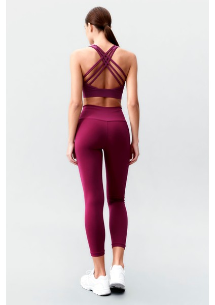 Bordo Yüksek Bel Toparlayıcı Çapraz Sırt Detaylı Slim Fit Kadın Tayt Takım - 95283