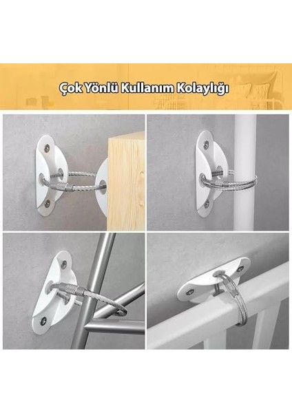 Ağır Yük Çelik Halatlı Eşya Sabitleyici Aparat - Bebek ve Çocuk Güvenliği Deprem Mobilya Devrilme Düşme Önleyici - Masa Şifonyer Duvara Sabitleme Aparatı - Beyaz Renk modelleri