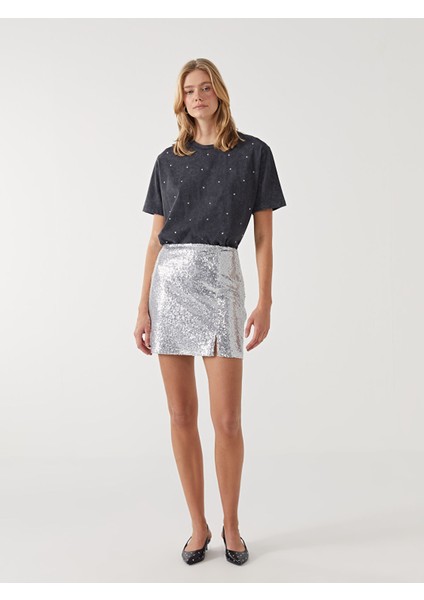 Yeni Sezon Bisiklet Yaka Parlak Taşlı Oversize Kadın Tişört fiyatları