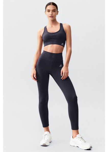 Antrasit Yüksek Bel Toparlayıcı Çapraz Sırt Detaylı Slim Fit Kadın Tayt Takım - 95283