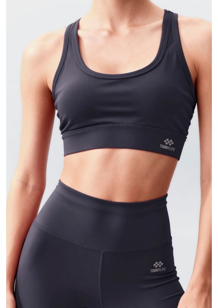 Antrasit Yüksek Bel Toparlayıcı Çapraz Sırt Detaylı Slim Fit Kadın Tayt Takım - 95283