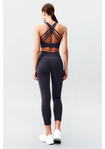 Antrasit Yüksek Bel Toparlayıcı Çapraz Sırt Detaylı Slim Fit Kadın Tayt Takım - 95283