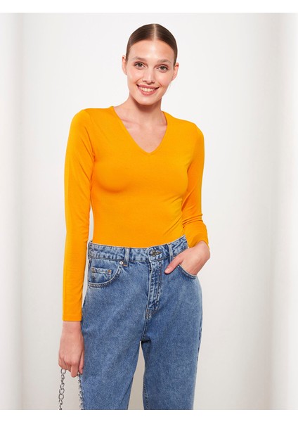 Yeni Sezon V Yaka Düz Uzun Kollu Kadın Çıtçıtlı Body