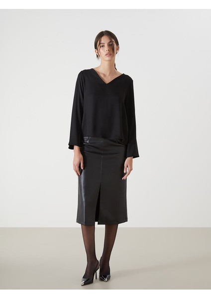 Yeni Sezon Beli Fermuarlı Deri Görünümlü Kadın Etek