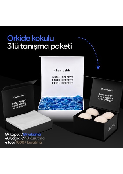 3'lü Tanışma Paketi - Kapsül Çamaşır Deterjanı Orkide Kokulu - Kurutma Mendili - Yün Kurutma Topu