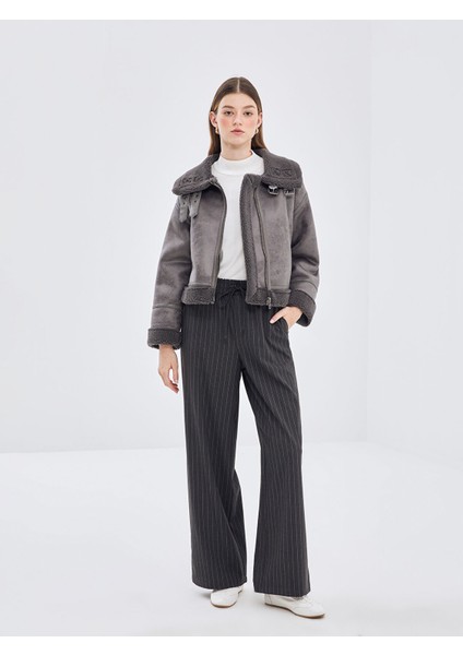 Yeni Sezon Ceket Yaka Kadın Deri Görünümlü Mont