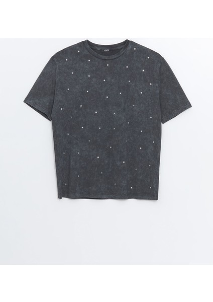 Yeni Sezon Bisiklet Yaka Parlak Taşlı Oversize Kadın Tişört indirimleri