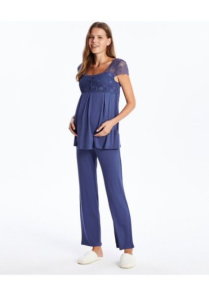 Yeni Sezon Kare Yaka Dantel Detaylı Kısa Kollu Hamile Pijama Takımı fiyatları